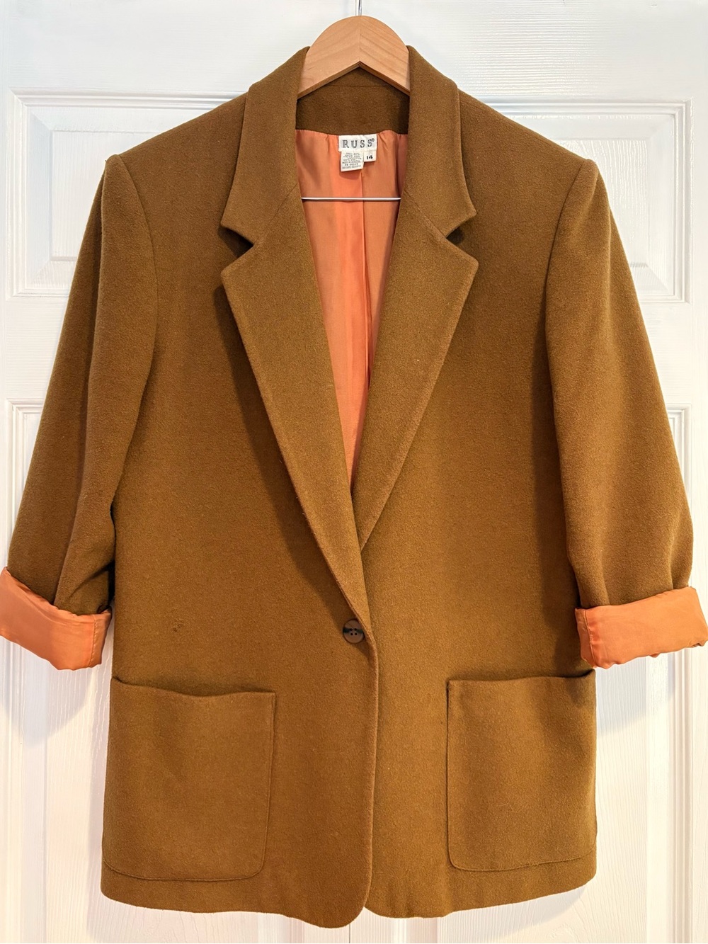 Russ Women’s Brown Wool-Blend Notch-Lapel Coat, Size 14